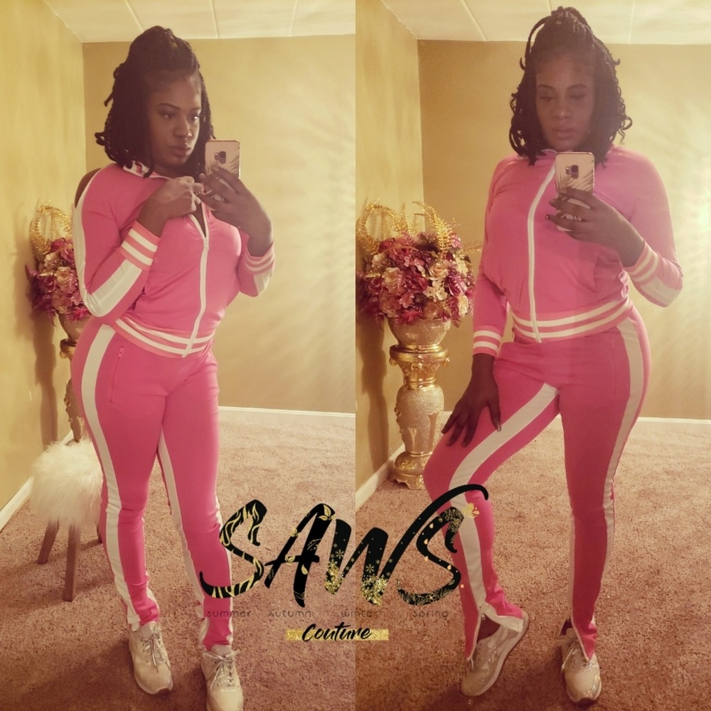 Pink Shoulder Cut Zipper Jogger Set